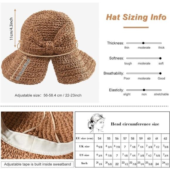 Foldable Wide Brim Floppy Straw Beach Sun Hat,Summer Cap with Bowknot for Women - Picture 3 of 8